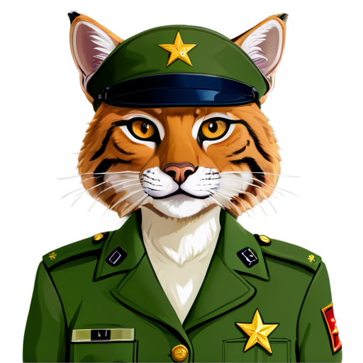 Cartoon female lynx in army uniform with hat and generals star - icon | sticker