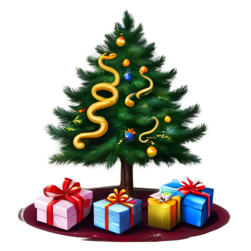 in the background is a New Year tree with gifts. in the foreground is a golden snake in the shape of a heart. the inscription "Health, love, prosperity" - icon | sticker