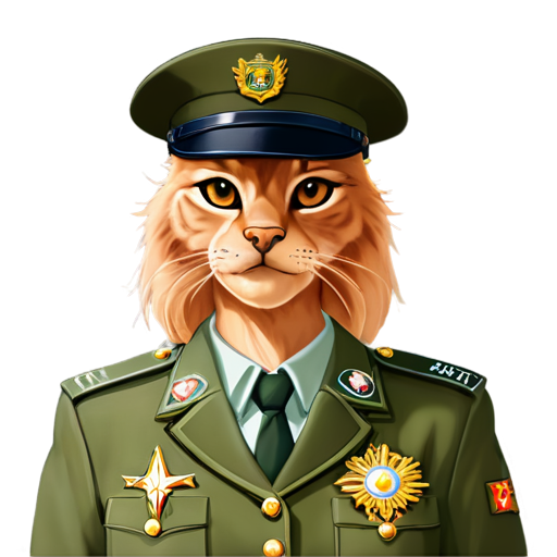 Cartoon female lynx in army uniform with hat and generals star - icon | sticker