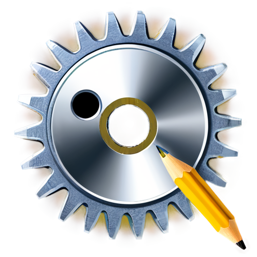 a metallic gear with a single pencil on the right side - icon | sticker