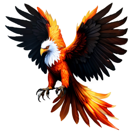 a majestic phoenix soaring from left to right, its feathered wings are made of red orange and yellow fiery feathers which spew fiery bits into the surrounding. The phoenix’s eagle-like beak is opened to an angry scream, while its tongue is sticking out, slivering like a snake, its legs are stretched forward and its talons are dangerously clawing. The phoenix is very detailed and its feathers are visible. Fiery flames are ended from its feathers. The phoenix is seen laterally. The phoenix rises in front of a pristine white background - icon | sticker