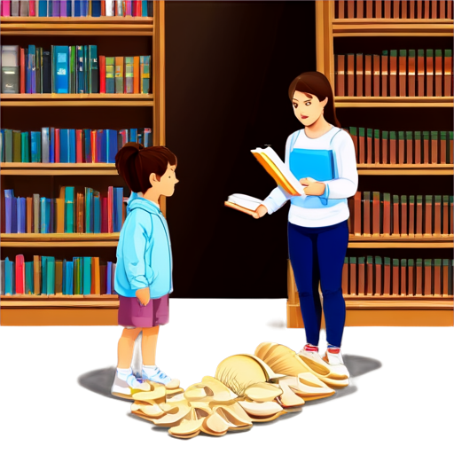 user came to school library and librarian give him a nice book, its big library with shells, books, - icon | sticker