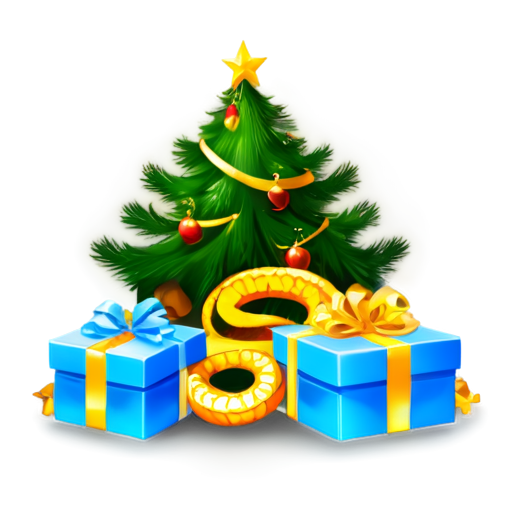 against the background of a New Year tree with gifts is a beautiful golden snake - icon | sticker