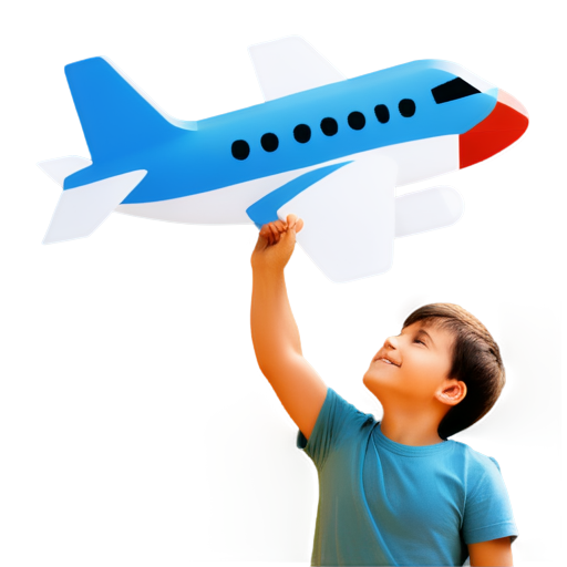 simplicity , three-color large pentagonal logo, white background , Russian happy boy master inventor holding a large airplane in his hand above his head, taking off into the clouds - icon | sticker