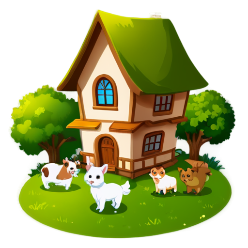 There is a house on the grass and there are animals around. - icon | sticker