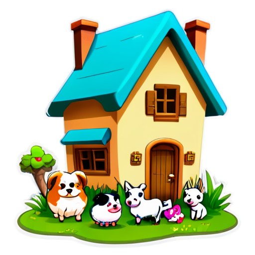 There is a house on the grass and there are animals around. - icon | sticker