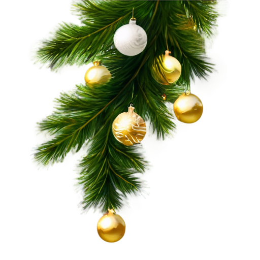 very long fluffy Christmas tree branch decorated with white and gold Christmas tree balls. the image is very realistic - icon | sticker