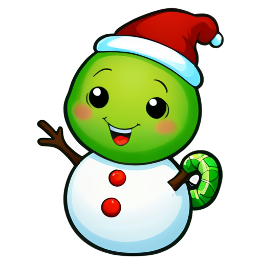 A cute green snake play with the snowman - icon | sticker