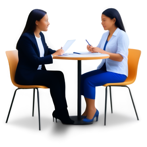 woman designer sitting um a chair, with a clipboard writing, face to face with a client chatting also sitting. there is a table between then. show all scene. there are two woman - icon | sticker