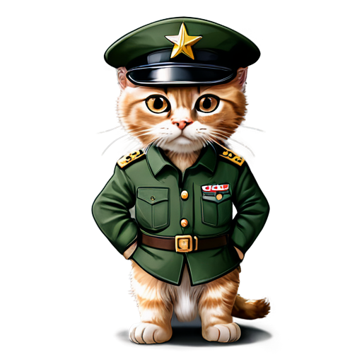 Angry kitten with brown eyes hands on hips in army generals uniform and hat with generals star cartoon - icon | sticker