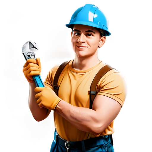 Plumber with an adjustable wrench in the house. Image in blue tones. Realistic - icon | sticker