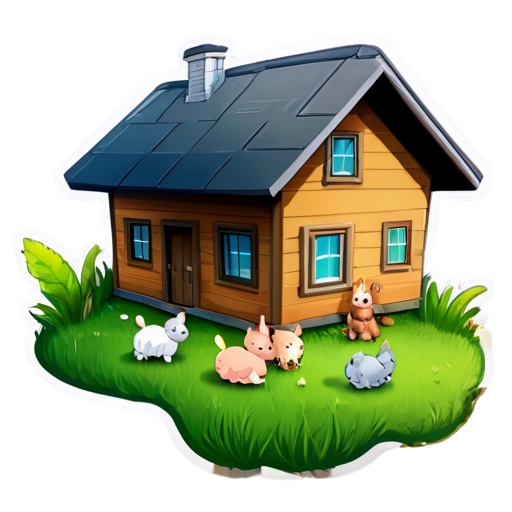 There is a house on the grass and there are animals around. - icon | sticker