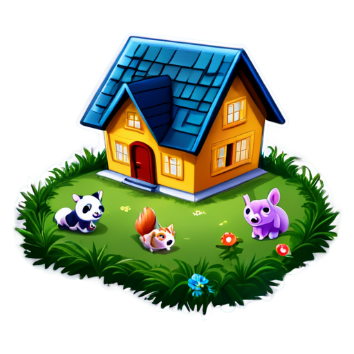 There is a house on the grass and there are animals around. - icon | sticker