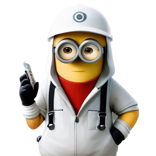 from the Despicable Me Minion comedy - draw a Minion engineer dressed in long white laboritary jacket, with a white helmet cap - a cell phone in the one hand and the other hand a pencill. - icon | sticker