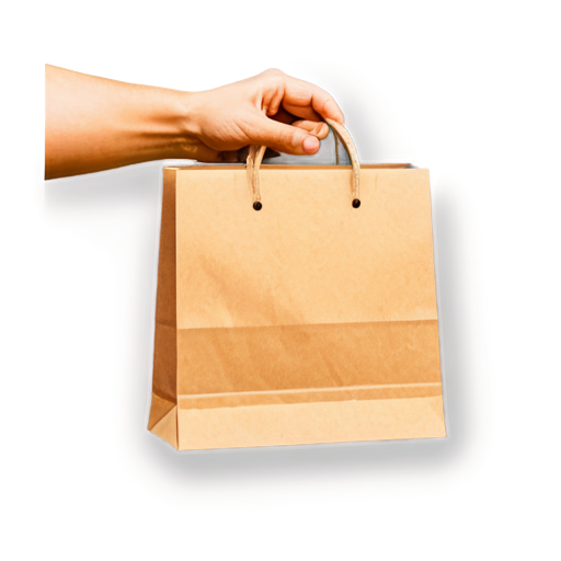 a man's hand holds a paper bag by the handles, on a white background - icon | sticker