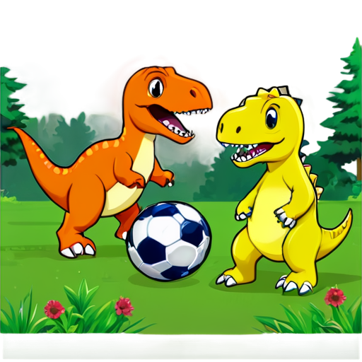 some dinosaurs playing football, comic, as sticker, no background - icon | sticker