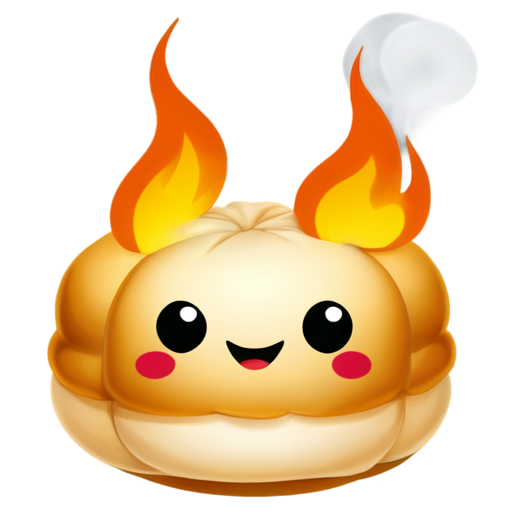 create a dimsum icon with emoticons and make it look like the dimsum is covered in fire and smoking - icon | sticker