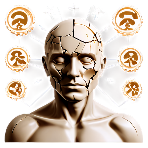 *Illustrate an icon depicting a fractured human figure surrounded by multiple symbols representing different forms of alienation.* - icon | sticker