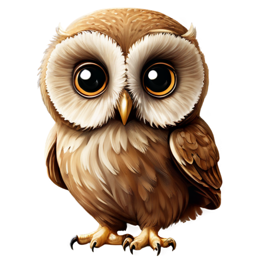 A small owl with large round eyes, a small beak, and tiny wings. Use soft, earthy tones like light browns and grays. - icon | sticker