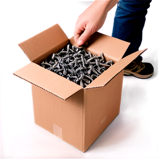 hand placing bag of screws into a cardboard box - icon | sticker