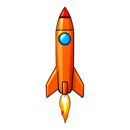 a small red space rocket with orange wings and one large round porthole in it 8 bit style - icon | sticker