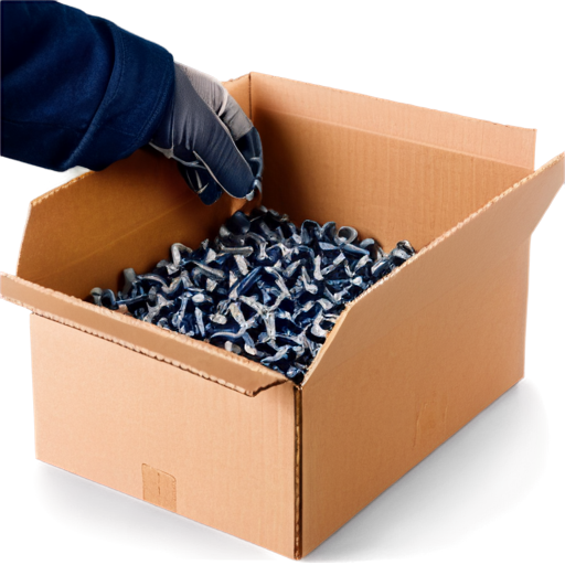 hand placing bag of screws into a cardboard box - icon | sticker