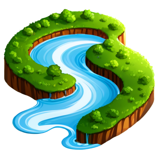 Generate an icon, 216*216px, png format, with a white background and a winding river flowing down from above - icon | sticker