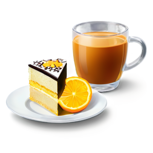 cake on a plate and coffee in a glass next to the plate in yellow-orange colors - icon | sticker