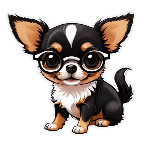 chihuahua black and white color, fluffy Glasses are on - icon | sticker