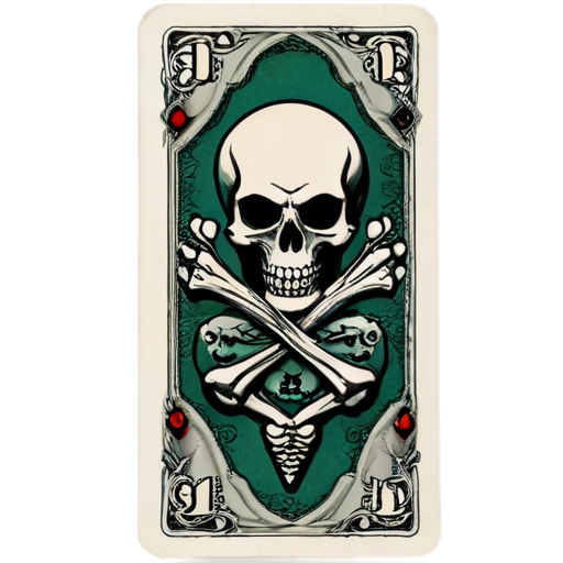 The back of a playing card, with a devilish figure with a haughty gaze on the upper half of the card, a dollar bill on the lower half, and crossed human bones in the middle. - icon | sticker