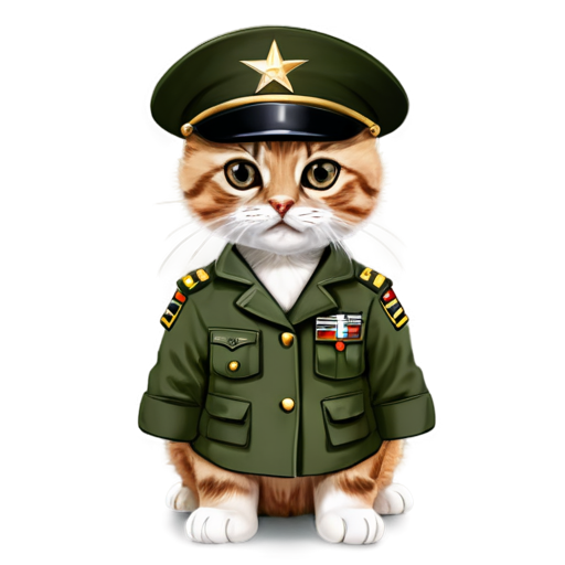 Mad girl kitten with brown eyes in army generals uniform and hat with generals star cartoon - icon | sticker