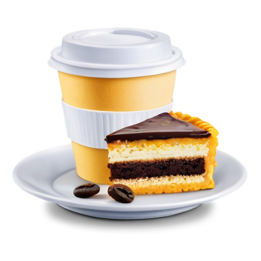 coffee to go and cake on a plate in yellow-orange colors - icon | sticker