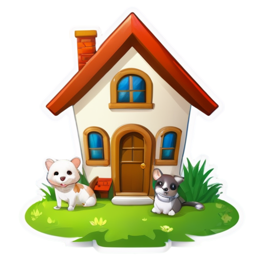 There is a house on the grass and there are animals around. - icon | sticker