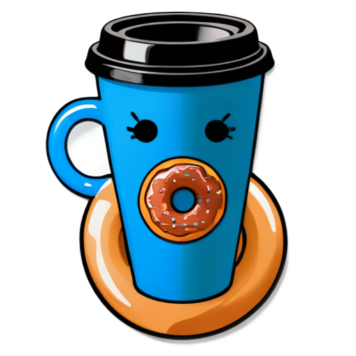 coffee in a blue mug, donut leaning up against the mug - icon | sticker