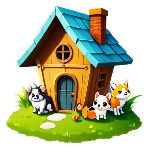 There is a house on the grass and there are animals around. - icon | sticker