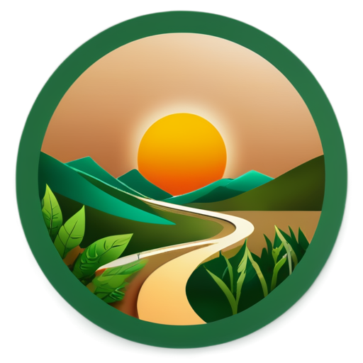 An icon for the BEO cryptocurrency, symbolizing a path and development. Imagine a winding trail leading to a sun or horizon, surrounded by leaves. The colors include brown and sandy tones for the path and green for the environment. The design elements convey movement and sustainability." - icon | sticker