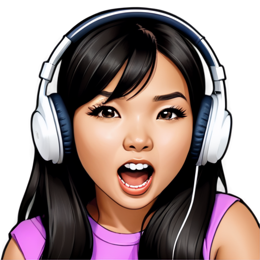 The Chinese girl wearing headphones is shouting with their mouth wide open. - icon | sticker