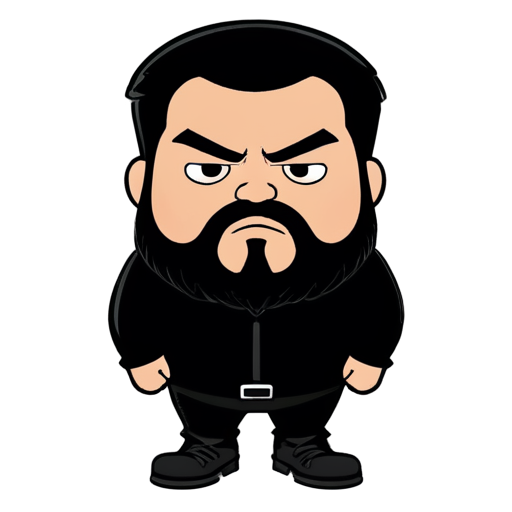 fat bearded man with BLACK darkhair and gray almost white beard and moustache, dressed in black tactic wear, with nothing in his hands, and wearing black boots, big open eyes and angry exression - icon | sticker