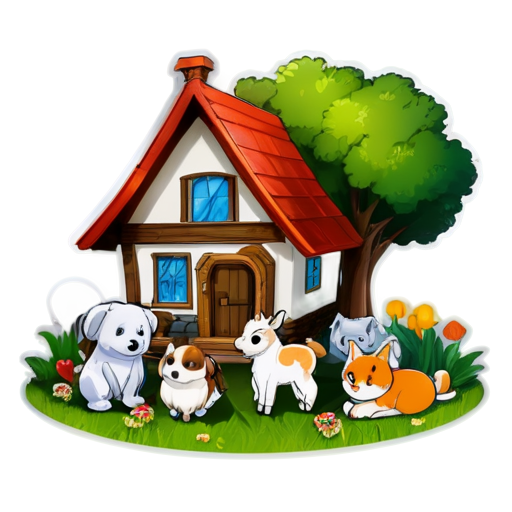 There is a house on the grass and there are animals around. - icon | sticker