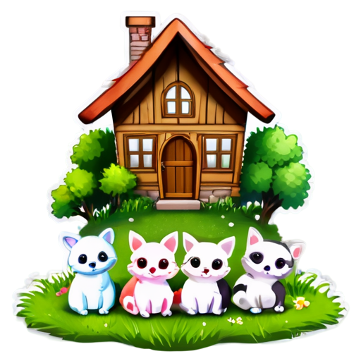 There is a house on the grass and there are animals around. - icon | sticker