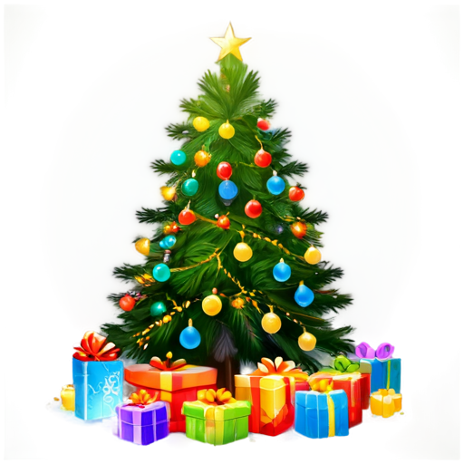 New Year tree decorated with balls and garlands. gifts under the tree. fireworks behind the tree - icon | sticker