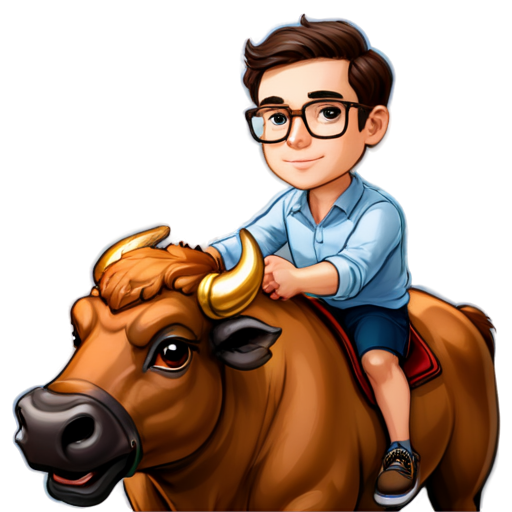 A man with brown eyes and glasses rides a copper bull - icon | sticker