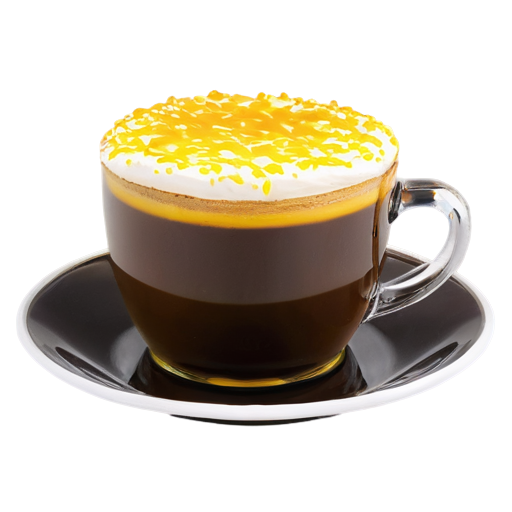 a cup of coffee and a cake on a plate in yellow-orange colors - icon | sticker