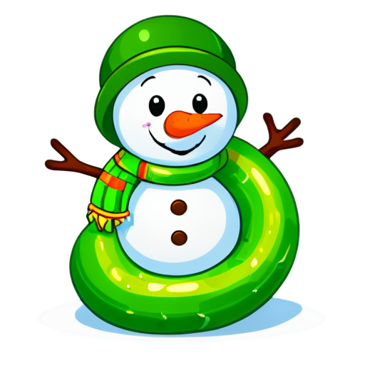 A cute green snake hugs a snowman - icon | sticker