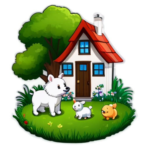 There is a house on the grass and there are animals around. - icon | sticker