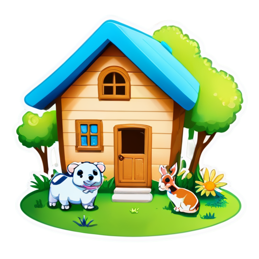 There is a house on the grass and there are animals around. - icon | sticker