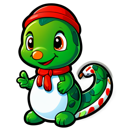 A cute green snake and a snowman - icon | sticker