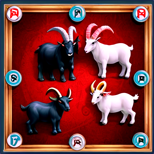 The background is the magical world of the board game. In the center stands a huge and powerful demonic goat and two small demonic goats on the sides - icon | sticker