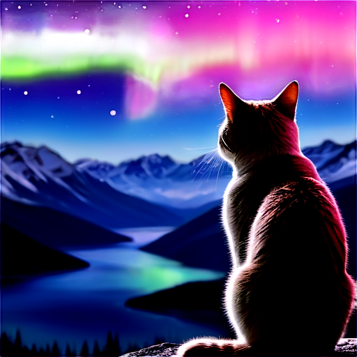 mountains, northern lights, pink, blue, cat looking at a beautiful view - icon | sticker