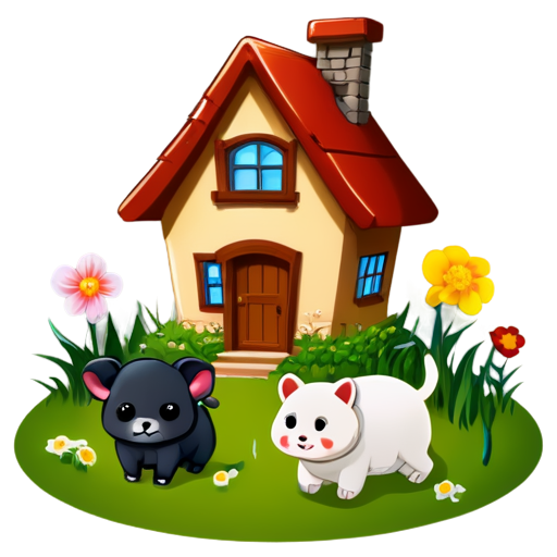 There is a house on the grass and there are animals around. - icon | sticker